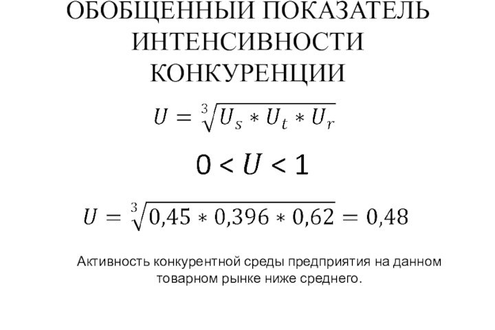 ОБОБЩЕННЫЙ ПОКАЗАТЕЛЬ ИНТЕНСИВНОСТИ КОНКУРЕНЦИИ   Активность конкурентной среды предприятия на данном товарном рынке ниже среднего.