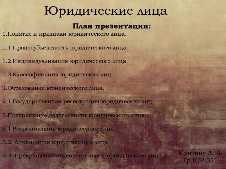 Юридические лицаПлан презентации: 1.Понятие и признаки юридического лица.1.1.Правосубъектность юридического лица. 1.2.Индивидуализация юридического