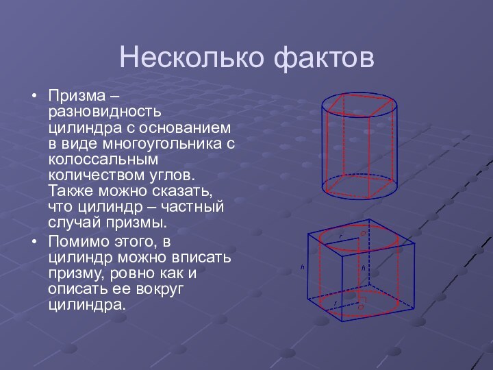 Несколько фактовПризма – разновидность цилиндра с основанием в виде многоугольника с колоссальным