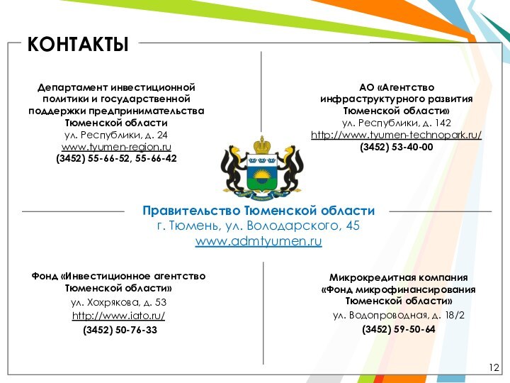 КОНТАКТЫПравительство Тюменской областиг. Тюмень, ул. Володарского, 45www.admtyumen.ru Департамент инвестиционной политики и государственной