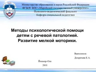 Методы психологической помощи детям с речевой патологией. Развитие мелкой моторики