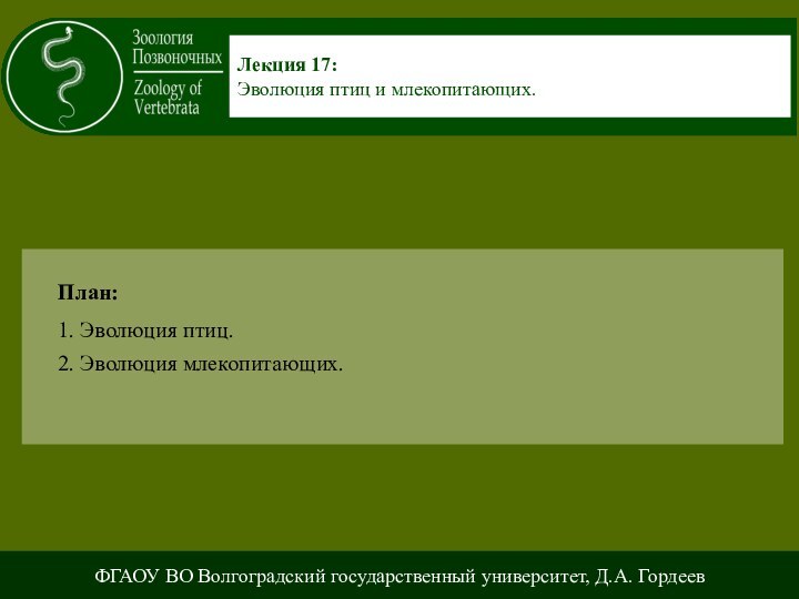 План:1. Эволюция птиц.2. Эволюция млекопитающих.Лекция 17:Эволюция птиц и млекопитающих.ФГАОУ ВО Волгоградский государственный университет, Д.А. Гордеев