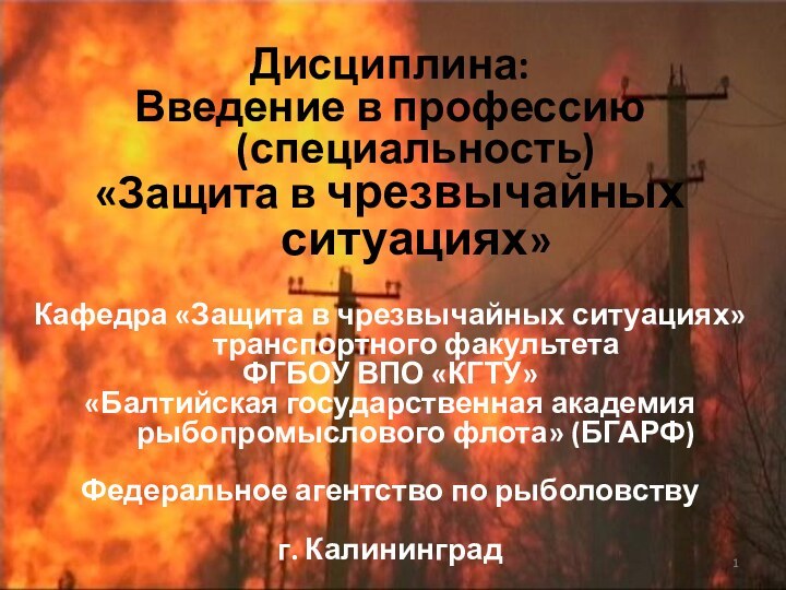 Дисциплина:Введение в профессию (специальность) «Защита в чрезвычайных ситуациях»Кафедра «Защита в чрезвычайных ситуациях»