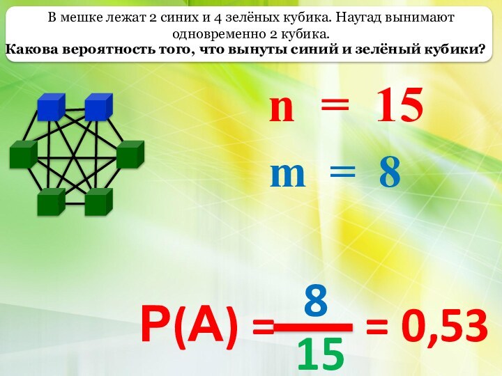 В мешке лежат 2 синих и 4 зелёных кубика. Наугад вынимают одновременно