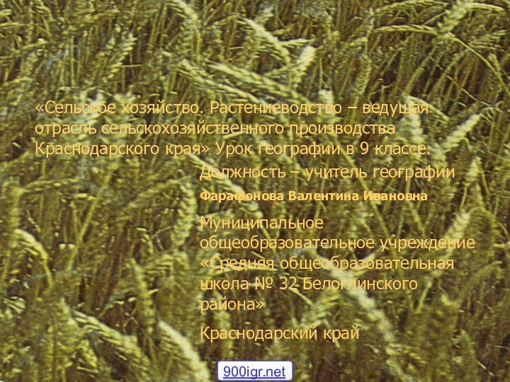 Должность – учитель географииФарафонова Валентина ИвановнаМуниципальное общеобразовательное учреждение «Средняя общеобразовательная школа