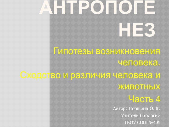 АНТРОПОГЕНЕЗ Гипотезы возникновения человека.Сходство и различия человека и животныхЧасть 4 Автор: Першина