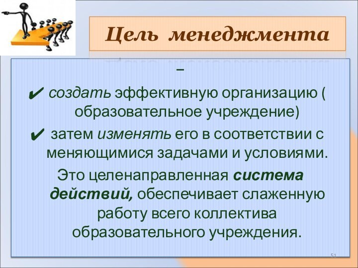 − создать эффективную организацию ( образовательное учреждение) затем изменять его в соответствии