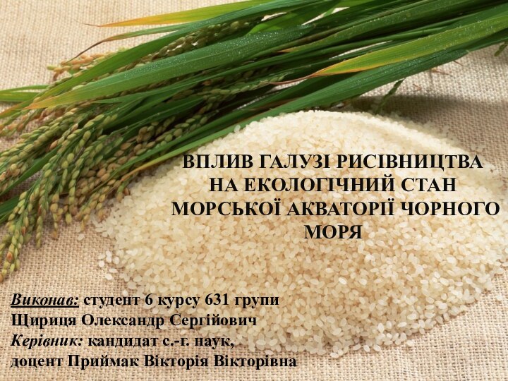 ВПЛИВ ГАЛУЗІ РИСІВНИЦТВА НА ЕКОЛОГІЧНИЙ СТАН МОРСЬКОЇ АКВАТОРІЇ ЧОРНОГО МОРЯВиконав: студент 6