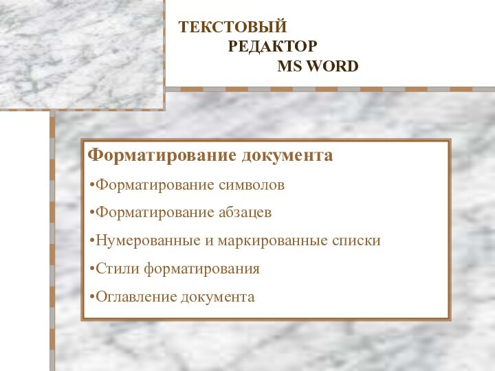 Форматирование документаФорматирование символовФорматирование абзацевНумерованные и маркированные спискиСтили форматированияОглавление документаТЕКСТОВЫЙ 		РЕДАКТОР 				MS WORD