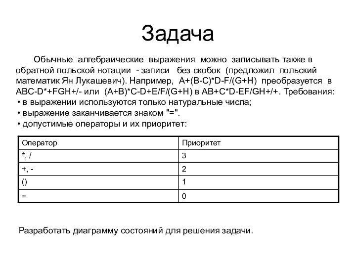 Задача	Обычные алгебраические выражения можно записывать также в обратной польской нотации - записи