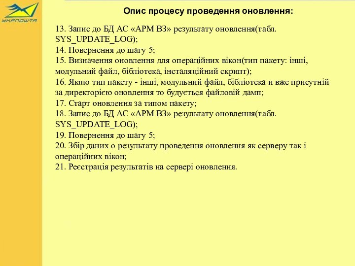 Опис процесу проведення оновлення:13. Запис до БД АС «АРМ ВЗ» результату оновлення(табл.