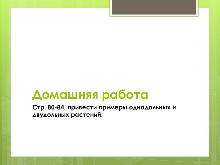 Домашняя работаСтр. 80-84, привести примеры однодольных и двудольных растений.