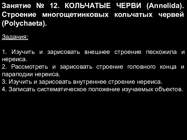 Занятие № 12. КОЛЬЧАТЫЕ ЧЕРВИ (Annelida). Строение многощетинковых кольчатых червей (Polychaeta).Задания:1. Изучить