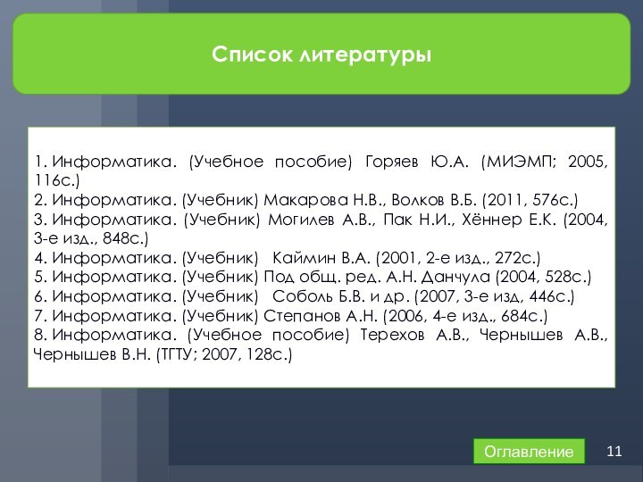 1. Информатика. (Учебное пособие) Горяев Ю.А. (МИЭМП; 2005, 116с.) 2. Информатика. (Учебник) Макарова Н.В.,