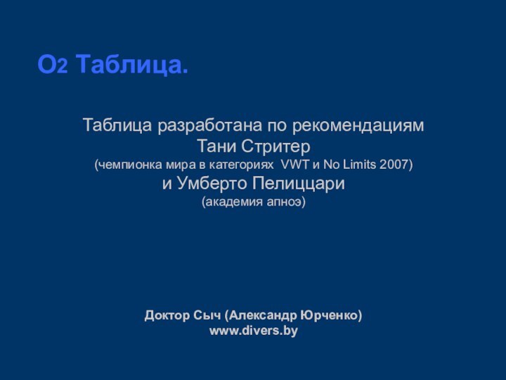 O2 Таблица.Таблица разработана по рекомендациям Тани Стритер (чемпионка мира в категориях VWT