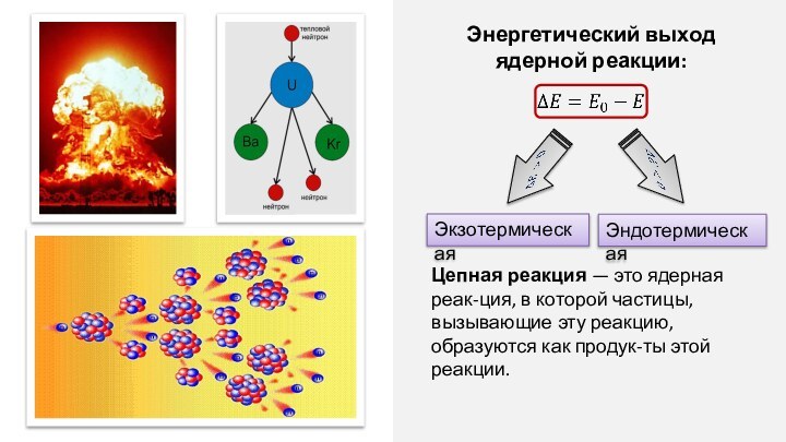  ЭкзотермическаяЭндотермическая  Энергетический выходядерной реакции:Цепная реакция — это ядерная реак-ция, в которой частицы, вызывающие