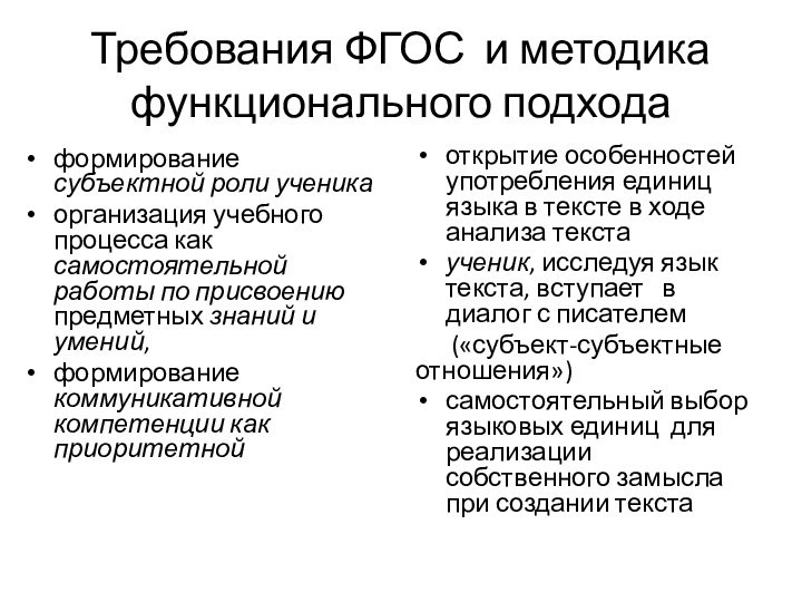 Требования ФГОС и методика  функционального подходаформирование субъектной роли ученикаорганизация учебного процесса