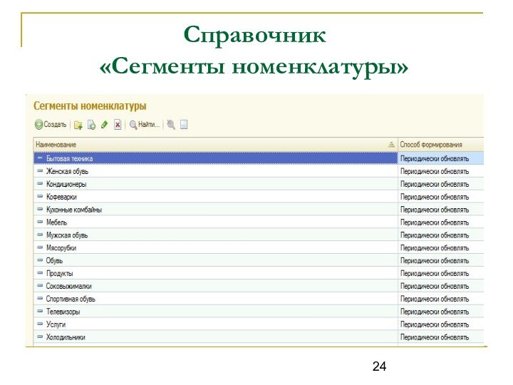 Справочник  «Сегменты номенклатуры»