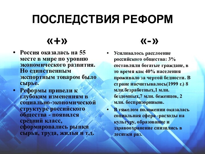 ПОСЛЕДСТВИЯ РЕФОРМ «+»Россия оказалась на 55 месте в мире по уровню экономического