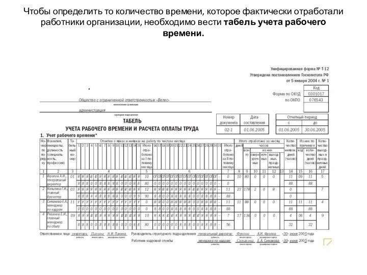 Чтобы определить то количество времени, которое фактически отработали работники организации, необходимо вести табель учета рабочего времени.