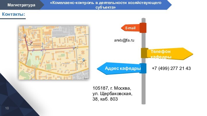 Контакты:105187, г. Москва, ул. Щербаковская, 38, каб. 803+7 (499) 277 21 43areb@fa.ru10Магистратура«Комплаенс-контроль в деятельности хозяйствующего субъекта»