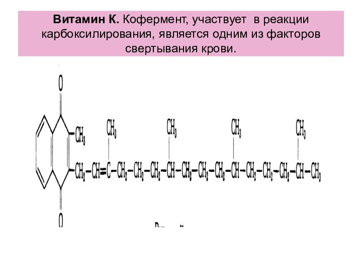 Витамин К. Кофермент, участвует в реакции карбоксилирования, является одним из факторов свертывания крови.