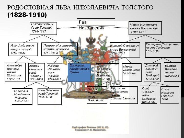 РОДОСЛОВНАЯ ЛЬВА НИКОЛАЕВИЧА ТОЛСТОГО (1828-1910)Лев НиколаевичМария Николаевнакняжна Волконская 1790-1830Илья Андреевичграф Толстой 1757-1820Пелагея