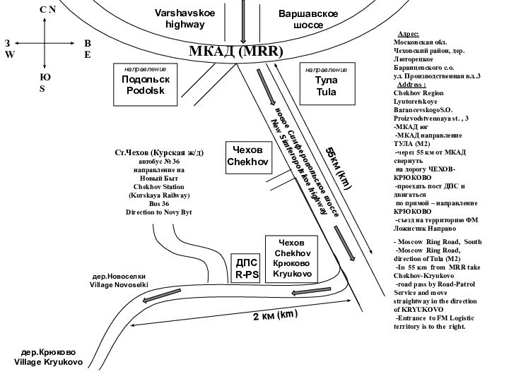 МКАД (MRR)Варшавское шоссеЧеховChekhovнаправлениеТулаTulaЧехов ChekhovКрюково KryukovoДПСR-PSСт.Чехов (Курская ж/д)автобус № 36направление наНовый БытChekhov Station(Kurskaya