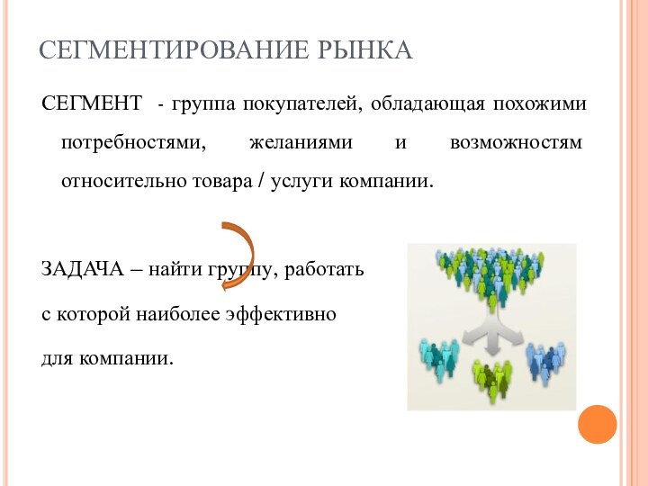 СЕГМЕНТИРОВАНИЕ РЫНКА СЕГМЕНТ - группа покупателей, обладающая похожими потребностями, желаниями и возможностям