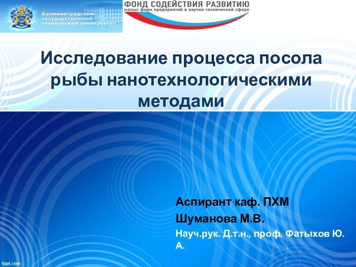 Исследование процесса посола рыбы нанотехнологическими методамиАспирант каф. ПХМШуманова М.В.Науч.рук. Д.т.н., проф. Фатыхов Ю.А.