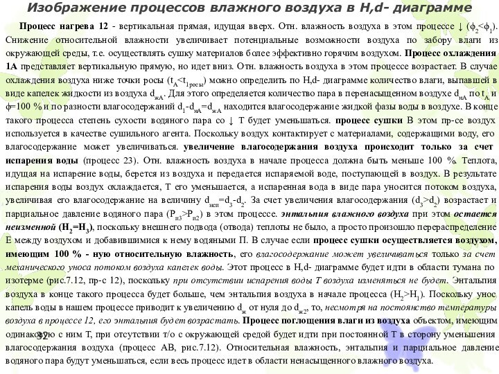 Изображение процессов влажного воздуха в H,d- диаграммеПроцесс нагрева 12 - вертикальная прямая,