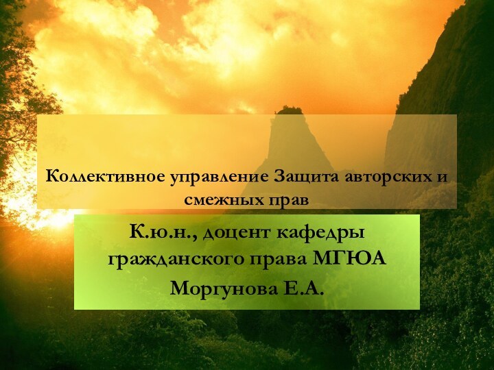 Коллективное управление Защита авторских и смежных прав К.ю.н., доцент кафедры гражданского права МГЮАМоргунова Е.А.