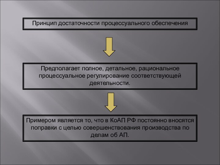 Принцип достаточности процессуального обеспечения Предполагает полное, детальное, рациональное процессуальное регулирование соответствующей деятельности.Примером