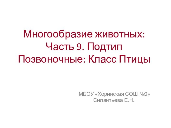 Многообразие животных:  Часть 9. Подтип Позвоночные: Класс Птицы  МБОУ «Хоринская СОШ №2»Силантьева Е.Н.