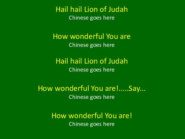Hail hail Lion of JudahChinese goes hereHow wonderful You areChinese goes hereHail