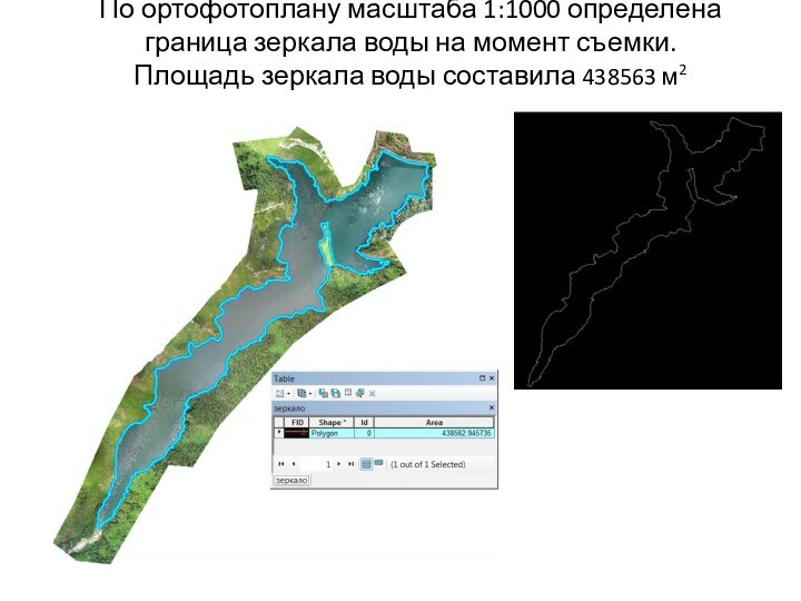 По ортофотоплану масштаба 1:1000 определена граница зеркала воды на момент съемки. Площадь