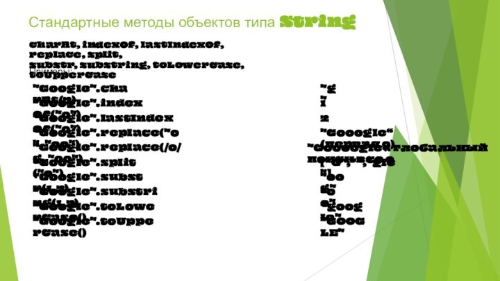 Стандартные методы объектов типа StringcharAt, indexOf, lastIndexOf, replace, split,  substr, substring,