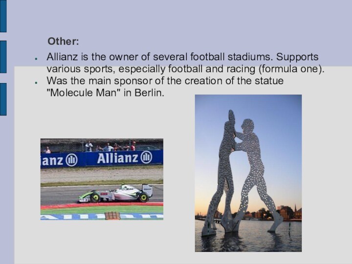 Other:Allianz is the owner of several football stadiums. Supports various sports, especially