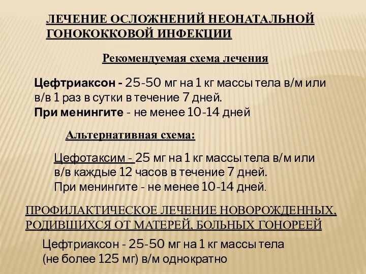 ЛЕЧЕНИЕ ОСЛОЖНЕНИЙ НЕОНАТАЛЬНОЙ ГОНОКОККОВОЙ ИНФЕКЦИИ Рекомендуемая схема лечения Альтернативная схема: ПРОФИЛАКТИЧЕСКОЕ ЛЕЧЕНИЕ