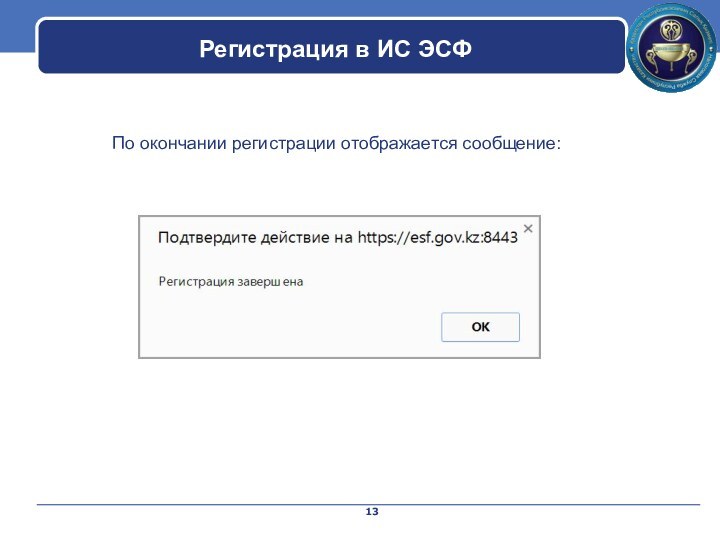 Регистрация в ИС ЭСФПо окончании регистрации отображается сообщение: