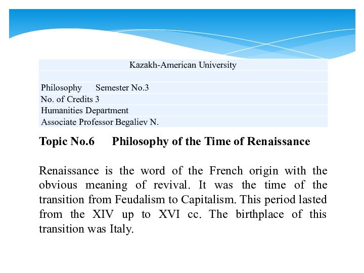 Topic No.6	Philosophy of the Time of Renaissance