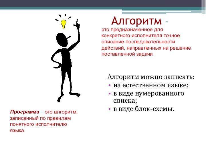 Алгоритм -Алгоритм можно записать:на естественном языке;в виде нумерованного списка;в виде блок-схемы.это предназначенное