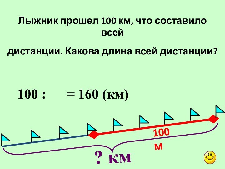 ? кмЛыжник прошел 100 км, что составило    всей дистанции.