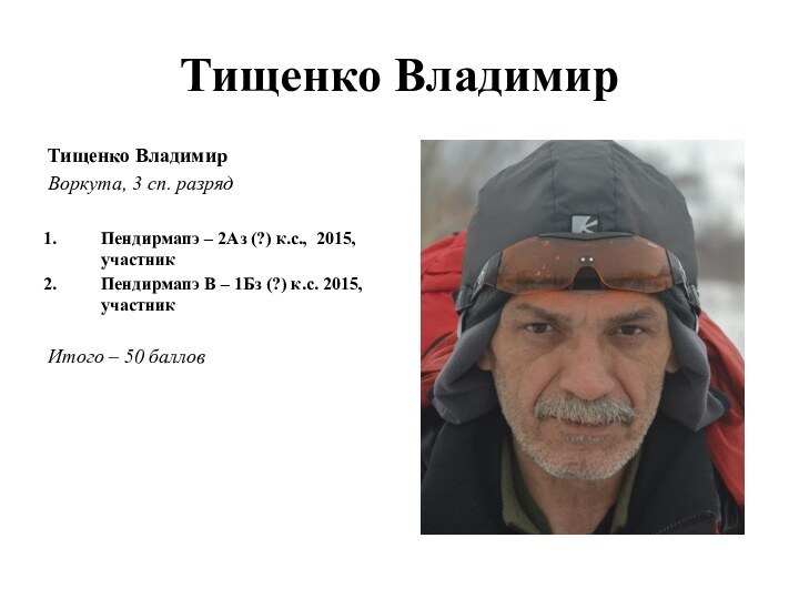 Тищенко ВладимирТищенко ВладимирВоркута, 3 сп. разрядПендирмапэ – 2Аз (?) к.с., 2015, участникПендирмапэ