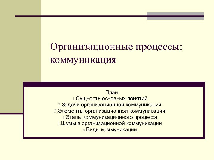 Организационные процессы: коммуникацияПлан.Сущность основных понятий.Задачи организационной коммуникации.Элементы организационной коммуникации.Этапы коммуникационного процесса.Шумы в организационной коммуникации.Виды коммуникации.