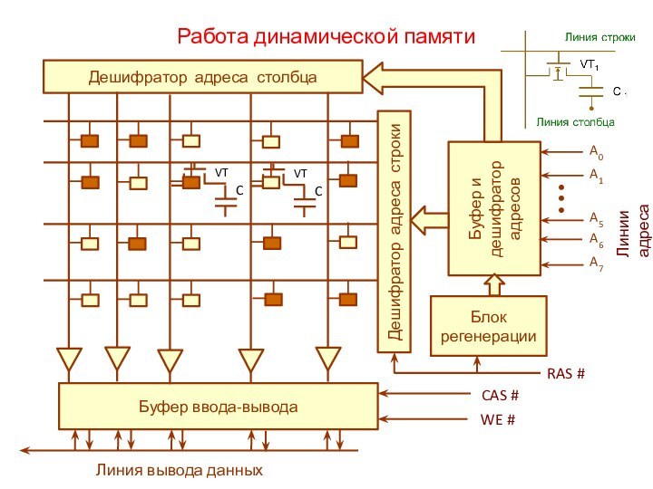 Работа динамической памятиДешифратор адреса столбцаДешифратор адреса строкиБуфер и дешифратор адресовБлок регенерацииБуфер ввода-выводаCAS