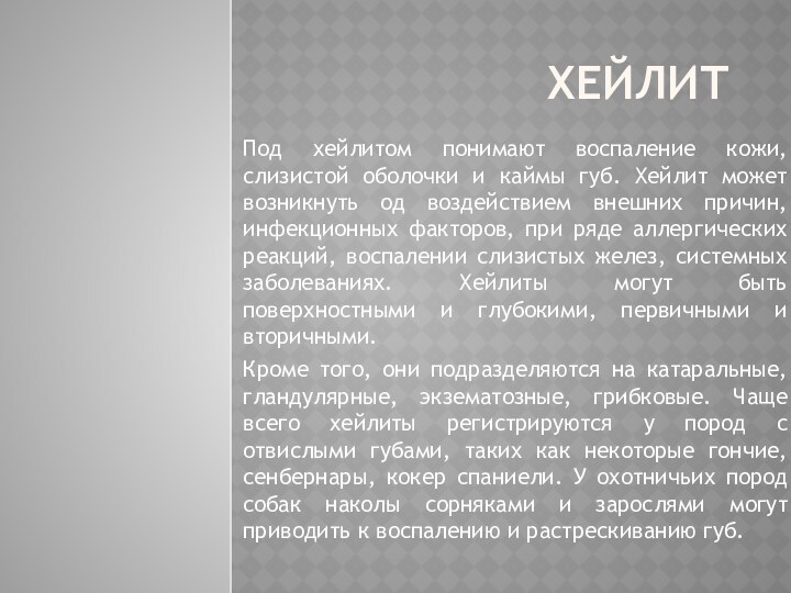 ХЕЙЛИТ Под хейлитом понимают воспаление кожи, слизистой оболочки и каймы губ. Хейлит