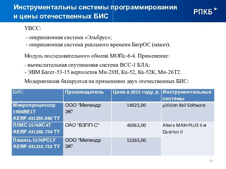 Инструментальны системы программирования и цены отечественных БИСУВСС: - операционная система «Эльбрус»; -