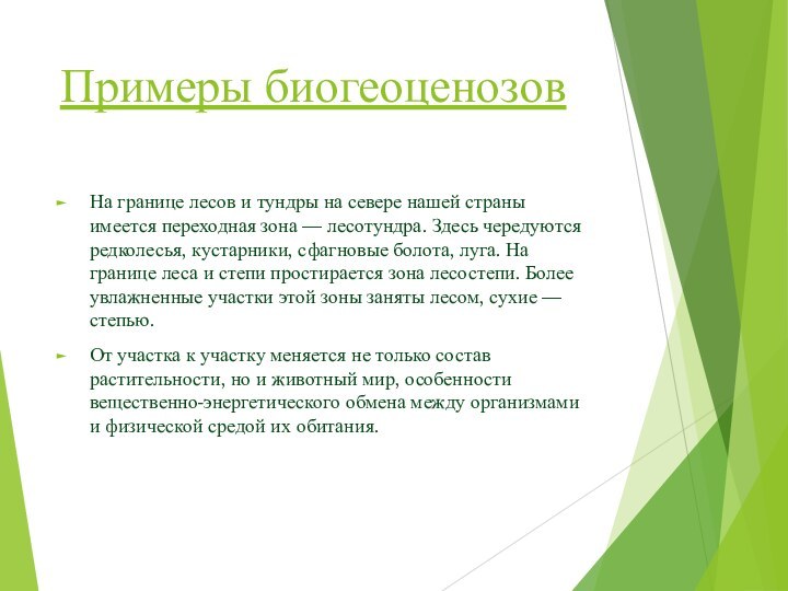 Примеры биогеоценозов На границе лесов и тундры на севере нашей страны имеется