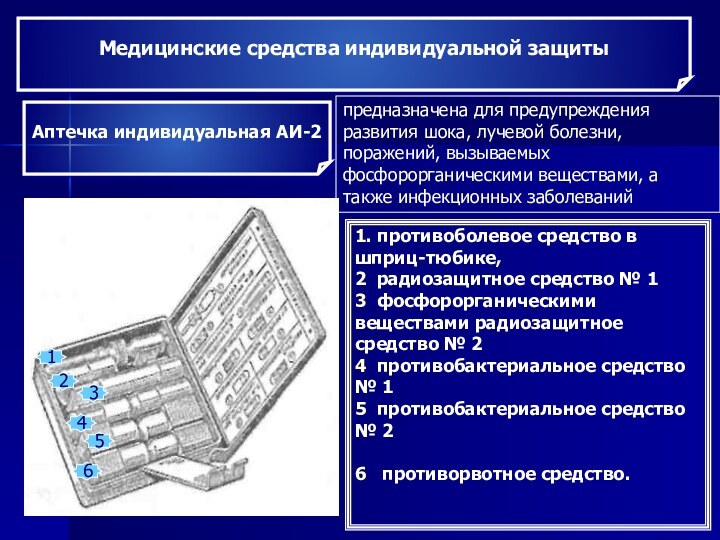 Медицинские средства индивидуальной защитыАптечка индивидуальная АИ-2 предназначена для предупреждения развития шока, лучевой